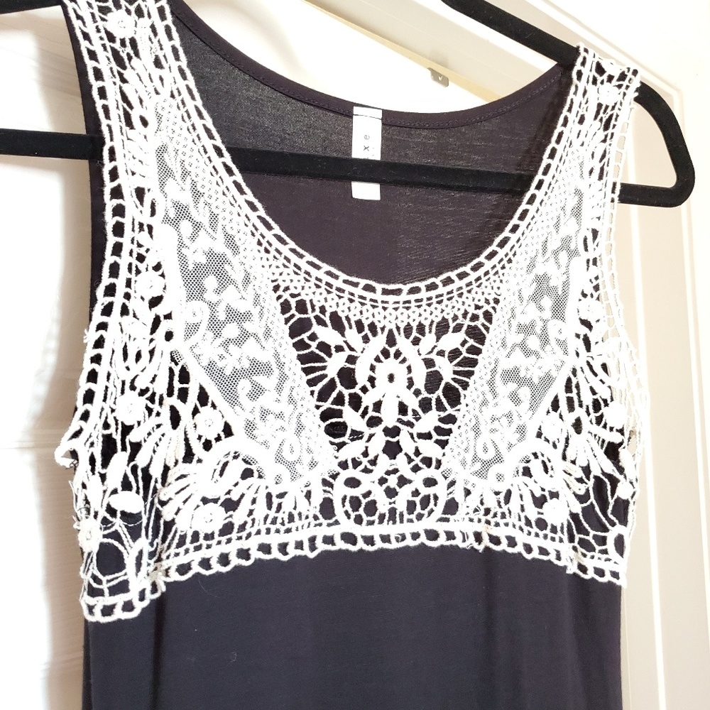Black sleeveless maxi dress side slits white lace crochet neck detail NWOT Med - Picture 3 of 7